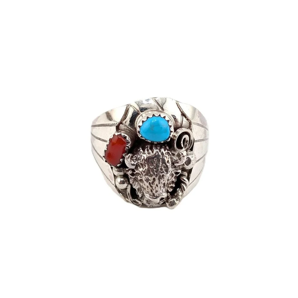 Navajo Men's Buffalo Ring Sterling Silver Turquoise‎ Signed Grace Smith 13 ***
